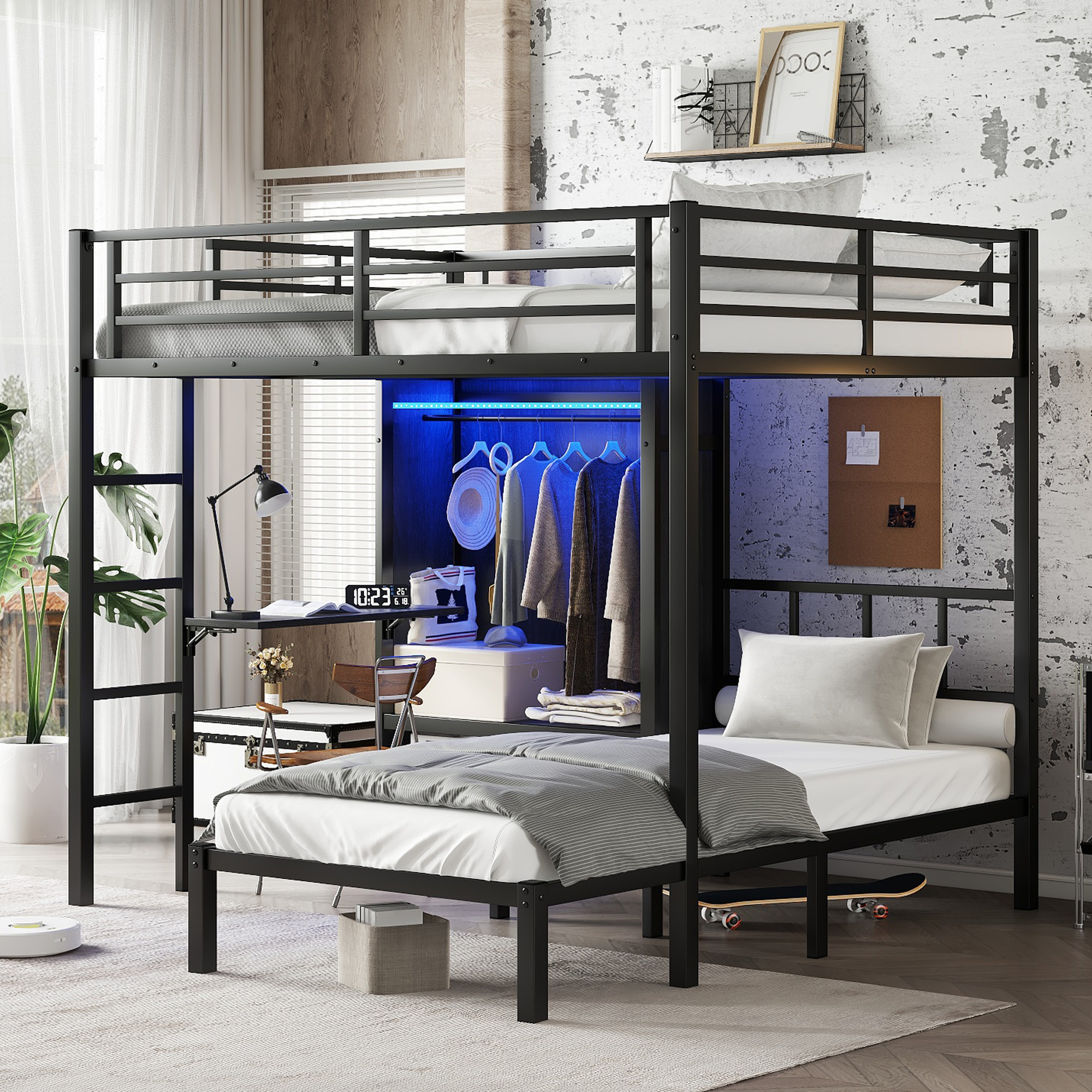 Full Xl Over Twin Metal Bunk Bed With Folding Desk, Closet With LED, Space-saving/noise Reduced