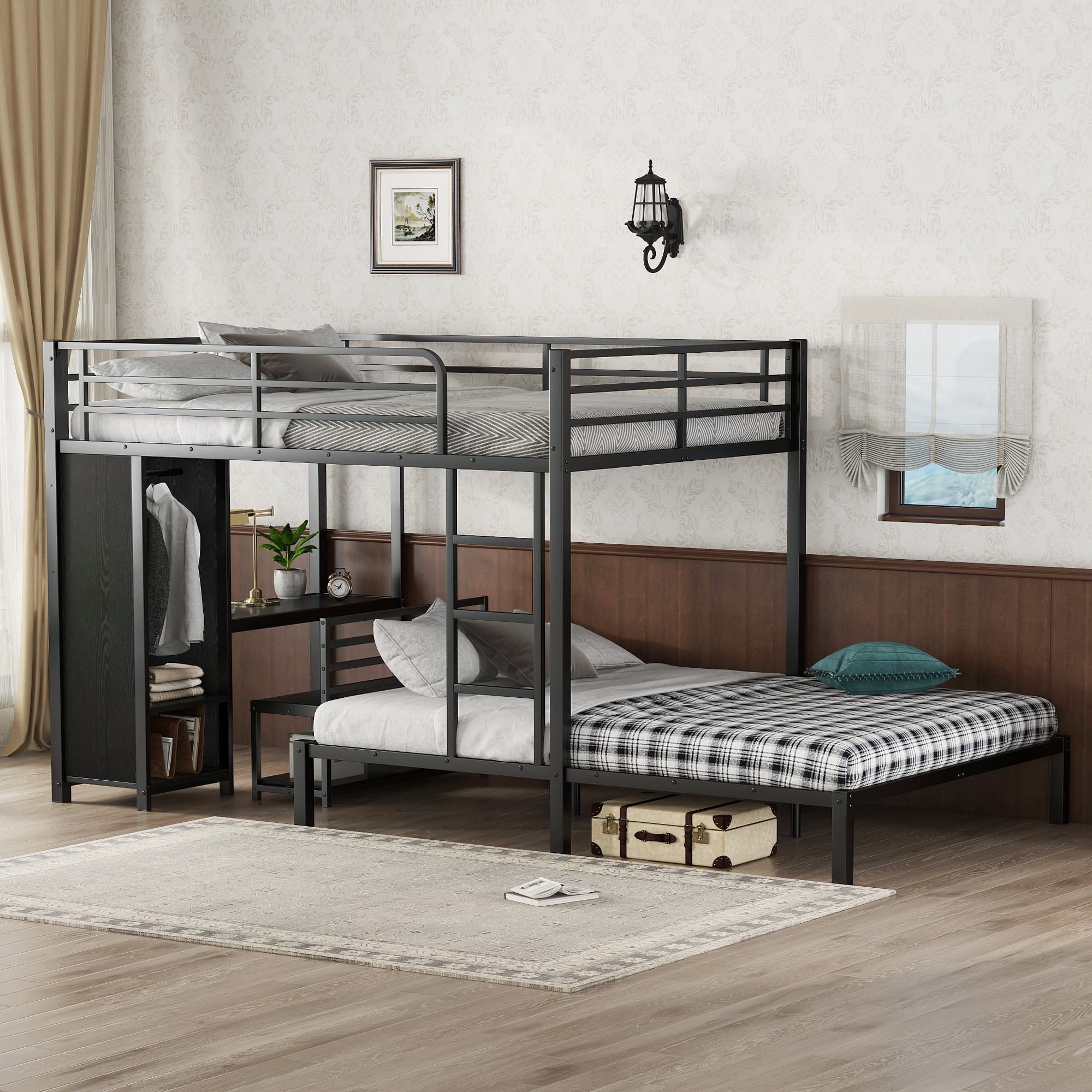 Metal Queen Over Queen Size Bunk Bed Frame With Built-in Wardrobe, Desk And Storage Chairs