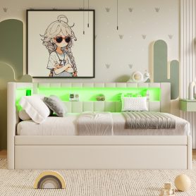 Upholstered Full Size Platform Bed with USB Ports, LED Belt and Trundle