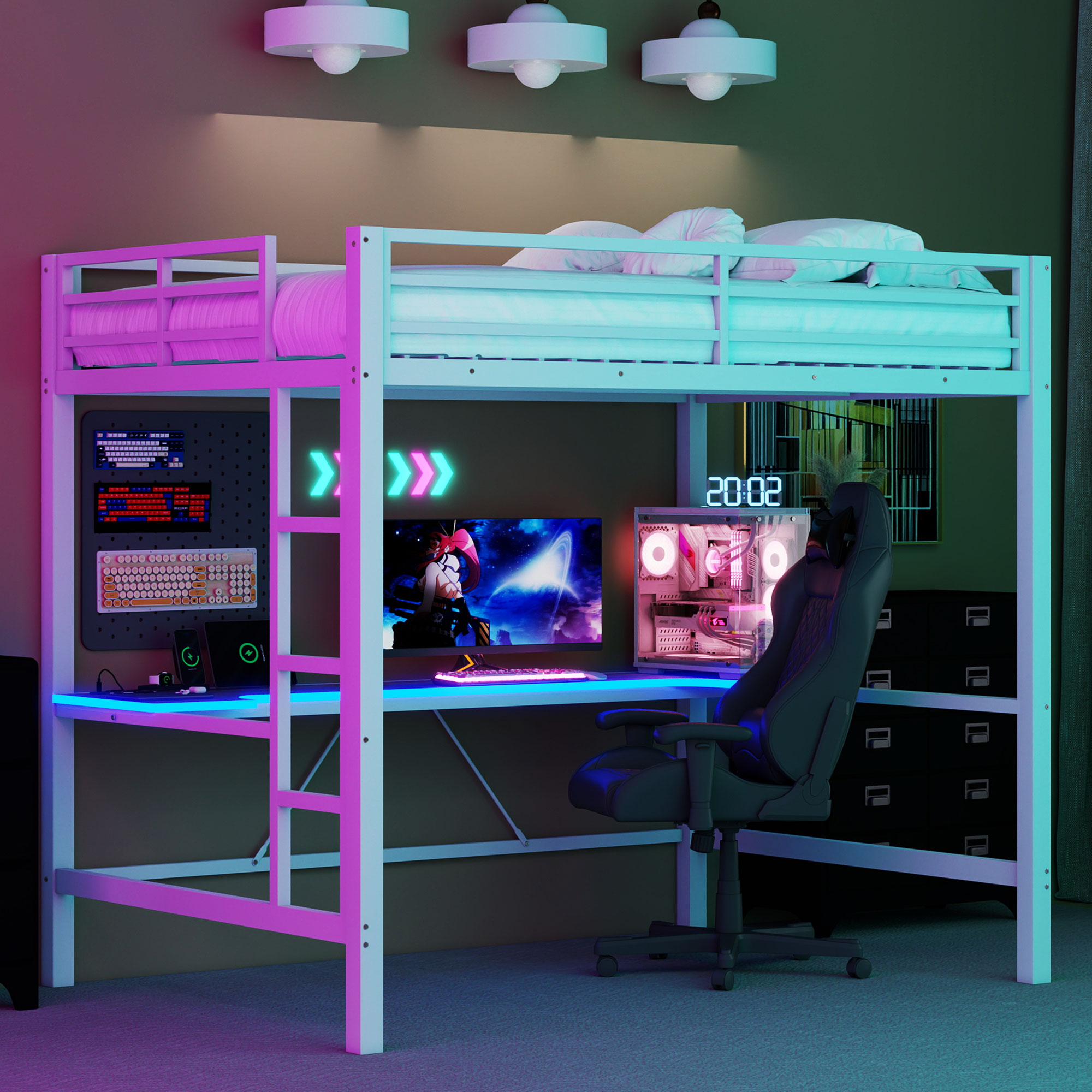 Full Size Gaming Metal Loft Bed Frame with LED Light and Desk