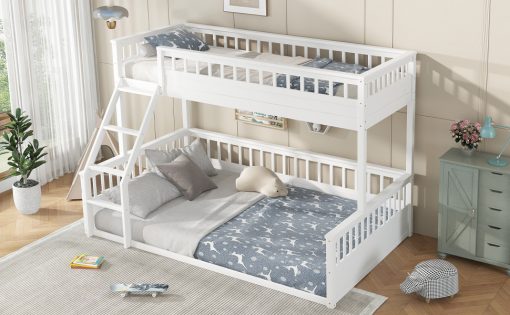 Wooden Twin XL over Queen Bunk Bed with Ladder and Guardrails