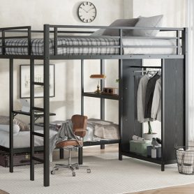 Metal King over Twin XL Size Bunk Bed Frame with Built-in Wardrobe 30 Metal King over Twin XL Size Bunk Bed Frame with Built-in Wardrobe