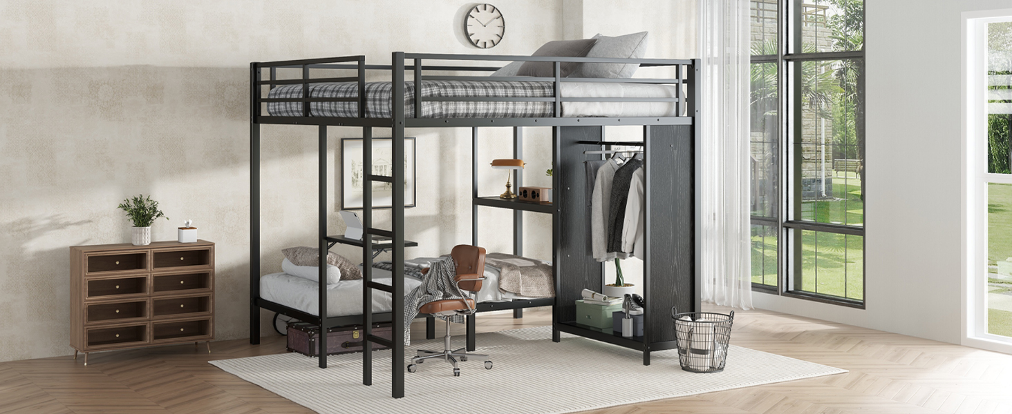 Metal King over Twin XL Size Bunk Bed Frame with Built-in Wardrobe 16 Metal King over Twin XL Size Bunk Bed Frame with Built-in Wardrobe