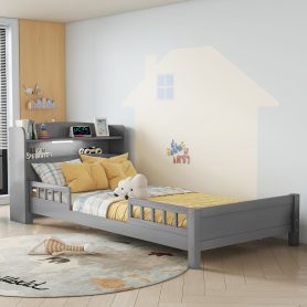 Twin Pine Wood Bed With Bookcase Headboard , LED Light and Guardrails