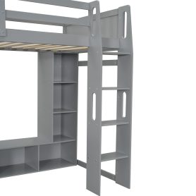 Wood Twin Size Gaming Loft Bed with Desk, Multi-storage Shelves, LED and a Hanging Clothes Rack
