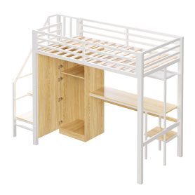Metal Twin Loft Bed With Desk, Shelf, Wardrobe and Storage Staircase