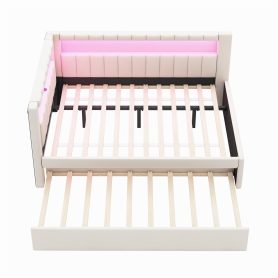 Upholstered Full Size Platform Bed with USB Ports, LED Belt and Trundle