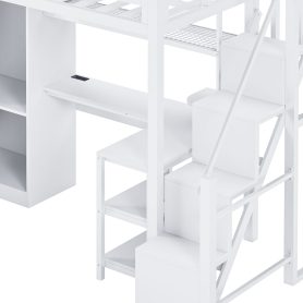 Metal Twin Loft Bed With Desk, Usb Ports, 5-layer Shelf,  Wardrobe And Stepped Stairs