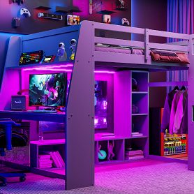 Wood Full Size Gaming Loft Bed with Desk, Multi-storage Shelves, LED and a Hanging Clothes Rack