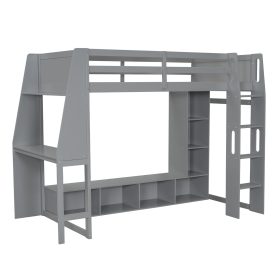 Wood Twin Size Gaming Loft Bed with Desk, Multi-storage Shelves, LED and a Hanging Clothes Rack