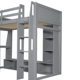 Wood Twin Size Gaming Loft Bed with Desk, Multi-storage Shelves, LED and a Hanging Clothes Rack