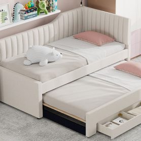Upholstered Twin Size Daybed with Trundle and Three Drawers