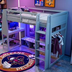 Wood Twin Size Gaming Loft Bed with Desk, Multi-storage Shelves, LED and a Hanging Clothes Rack