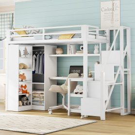 Metal Twin Loft Bed With Desk, Usb Ports, 5-layer Shelf,  Wardrobe And Stepped Stairs