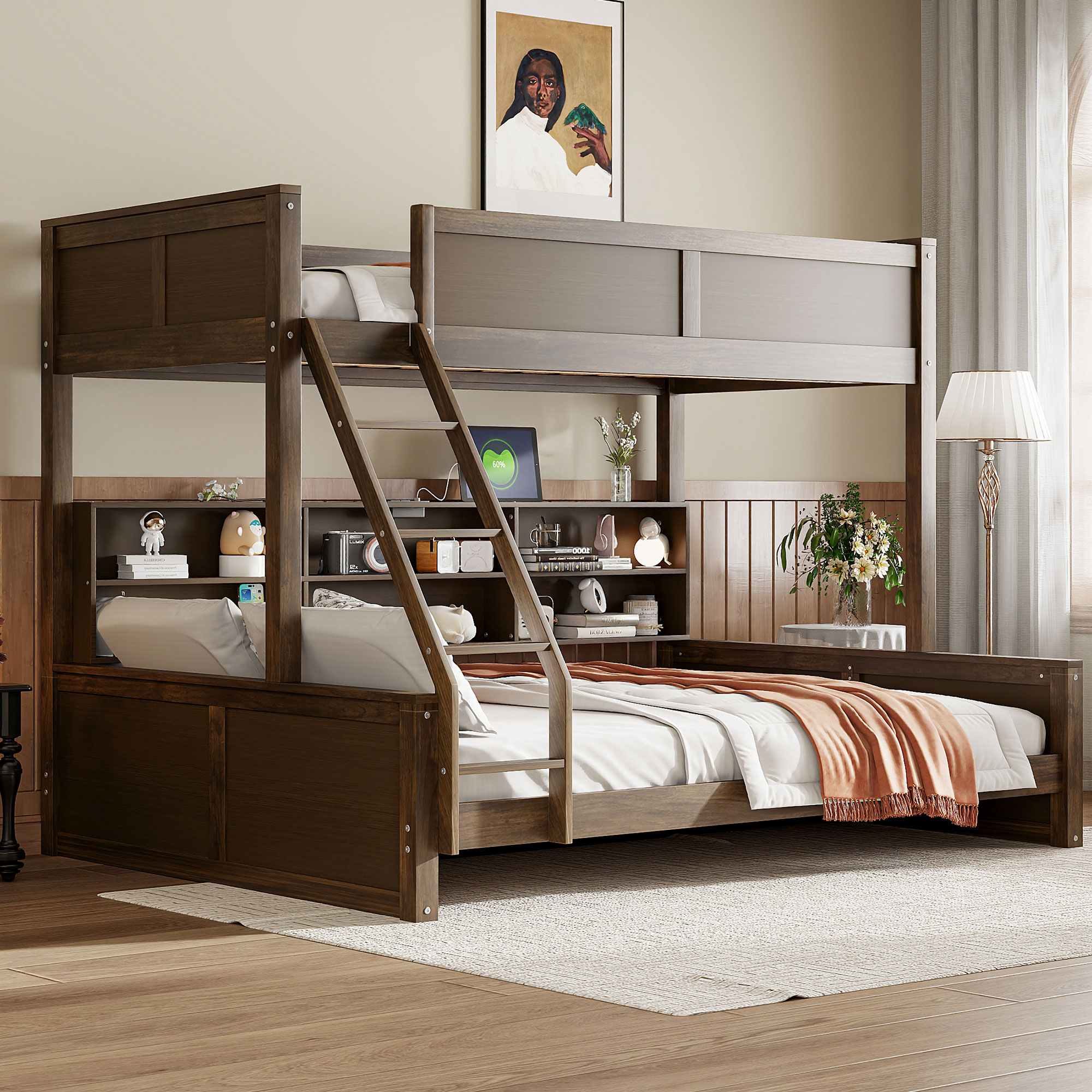 Twin XL over Queen Bunk Bed with Storage Cabinets and USB Ports