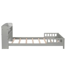 Twin Pine Wood Bed With Bookcase Headboard , LED Light and Guardrails