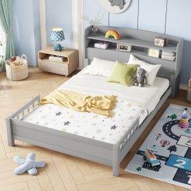 Full Pine Wood Bed with Bookcase Headboard ,LED Motion Sensor Light, Bed Guardrails