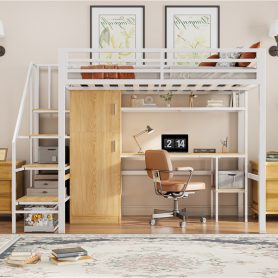 Metal Twin Loft Bed With Desk, Shelf, Wardrobe and Storage Staircase