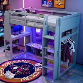 Wood Twin Size Gaming Loft Bed with Desk, Multi-storage Shelves, LED and a Hanging Clothes Rack