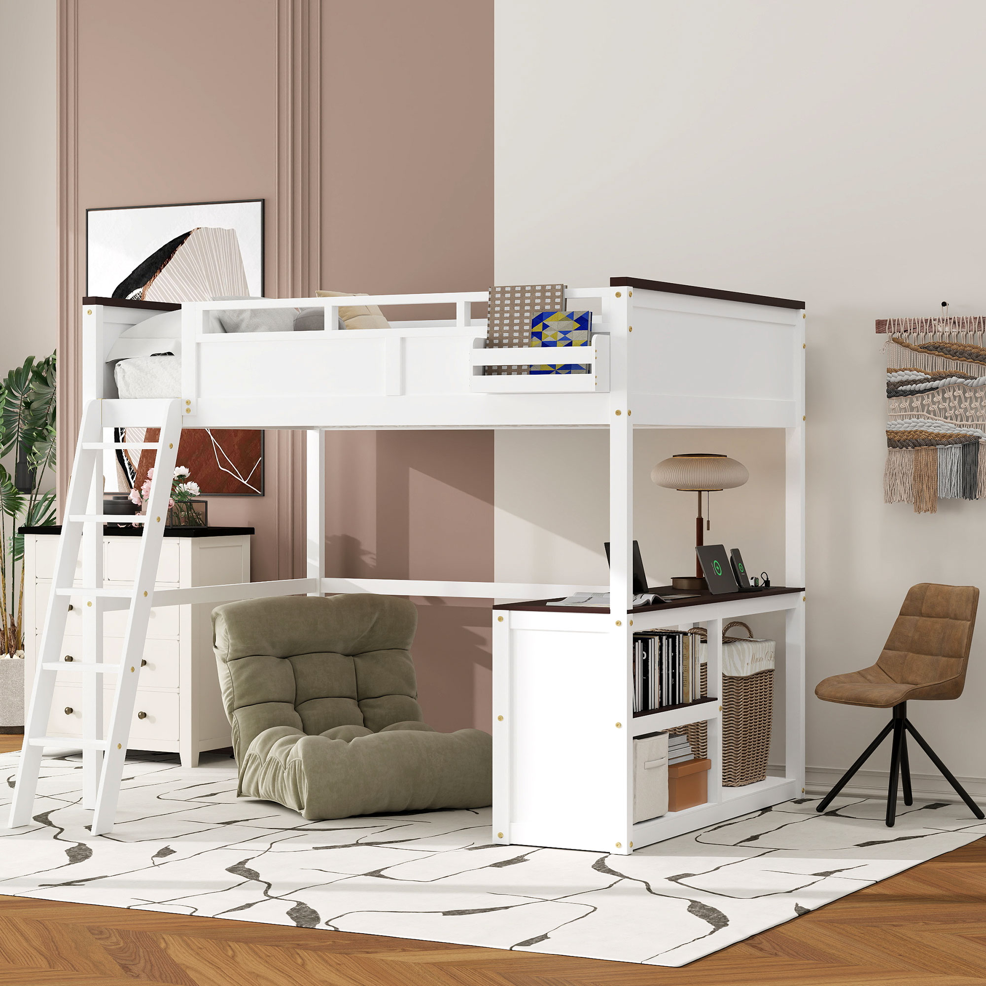 Queen Size Loft Bed with Desk, Open Shelf and a Storage Box, USB Charging Station 4 Queen Size Loft Bed with Desk, Open Shelf and a Storage Box, USB Charging Station