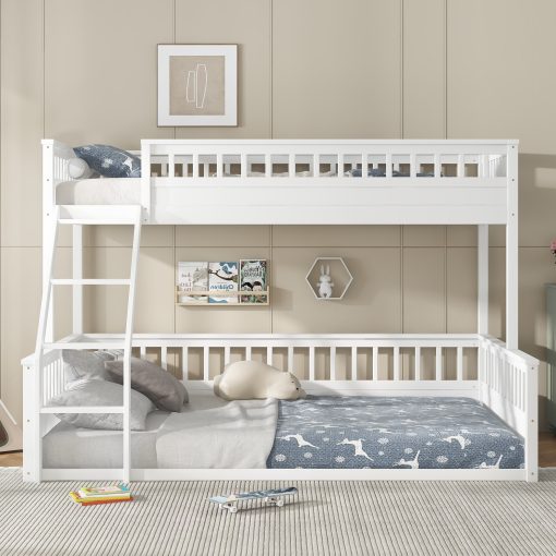 Wooden Twin XL over Queen Bunk Bed with Ladder and Guardrails