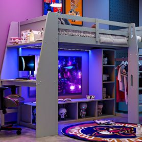 Wood Twin Size Gaming Loft Bed with Desk, Multi-storage Shelves, LED and a Hanging Clothes Rack