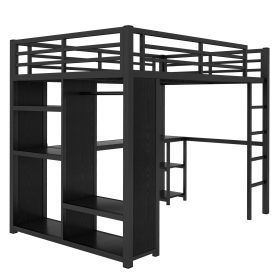 Metal Full Size Loft Bed Frame With Built-in Wardrobe, Desk And Storage Shelves