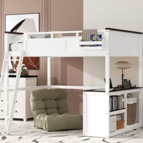Queen Size Loft Bed with Desk, Open Shelf and a Storage Box, USB Charging Station 26 Queen Size Loft Bed with Desk, Open Shelf and a Storage Box, USB Charging Station