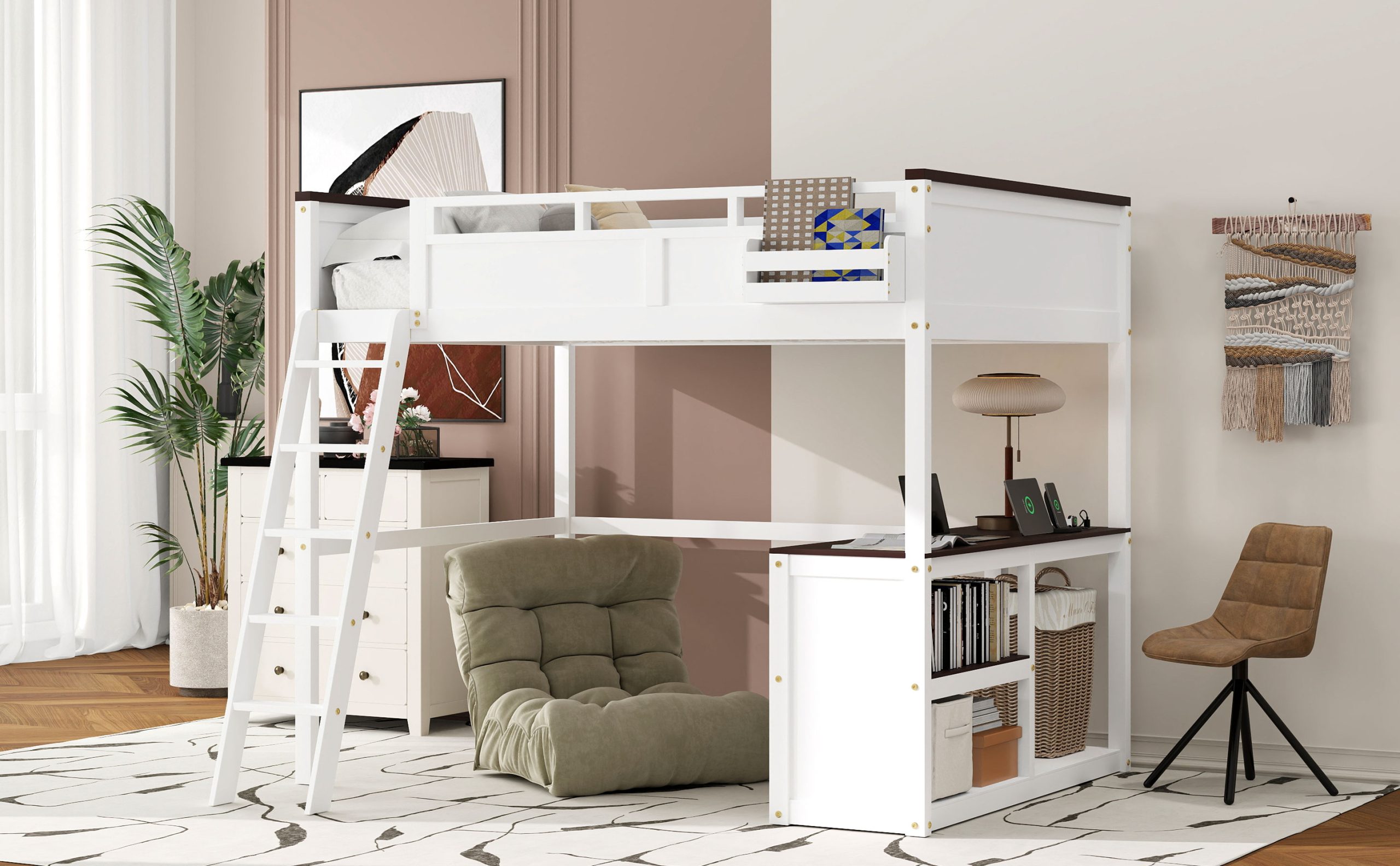Queen Size Loft Bed with Desk, Open Shelf and a Storage Box, USB Charging Station 8 Queen Size Loft Bed with Desk, Open Shelf and a Storage Box, USB Charging Station