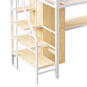 Metal Twin Loft Bed With Desk, Shelf, Wardrobe and Storage Staircase