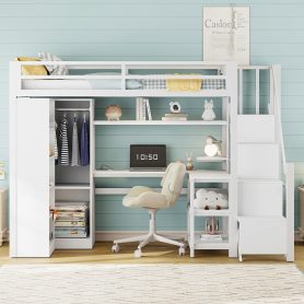 Metal Twin Loft Bed With Desk, Usb Ports, 5-layer Shelf,  Wardrobe And Stepped Stairs