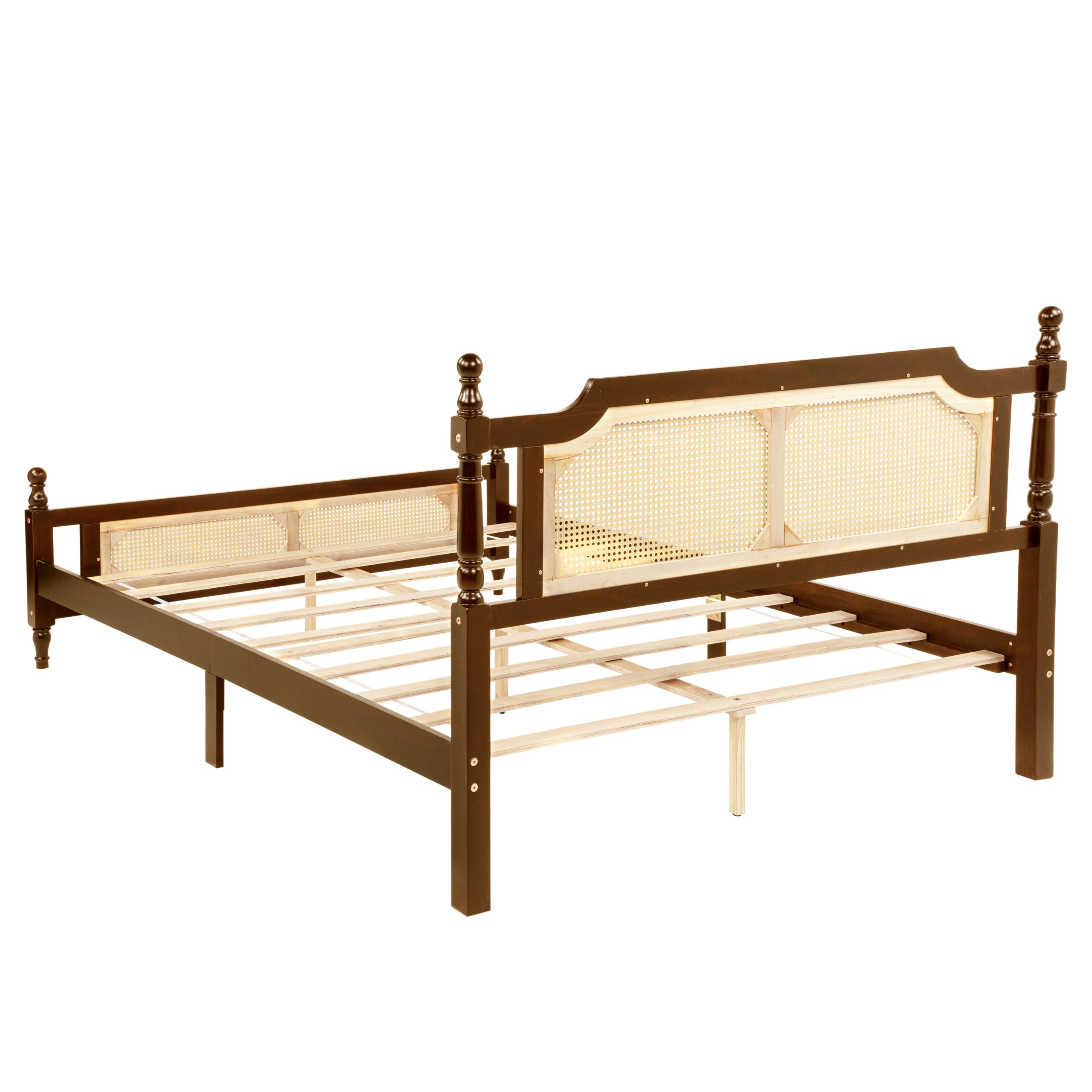 Queen Pine Wooden Bed With Rattan Headboard And Footboard, With Central Enhanced Bed Platform 17 Queen Pine Wooden Bed With Rattan Headboard And Footboard, With Central Enhanced Bed Platform