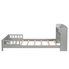 Twin Pine Wood Bed With Bookcase Headboard , LED Light and Guardrails