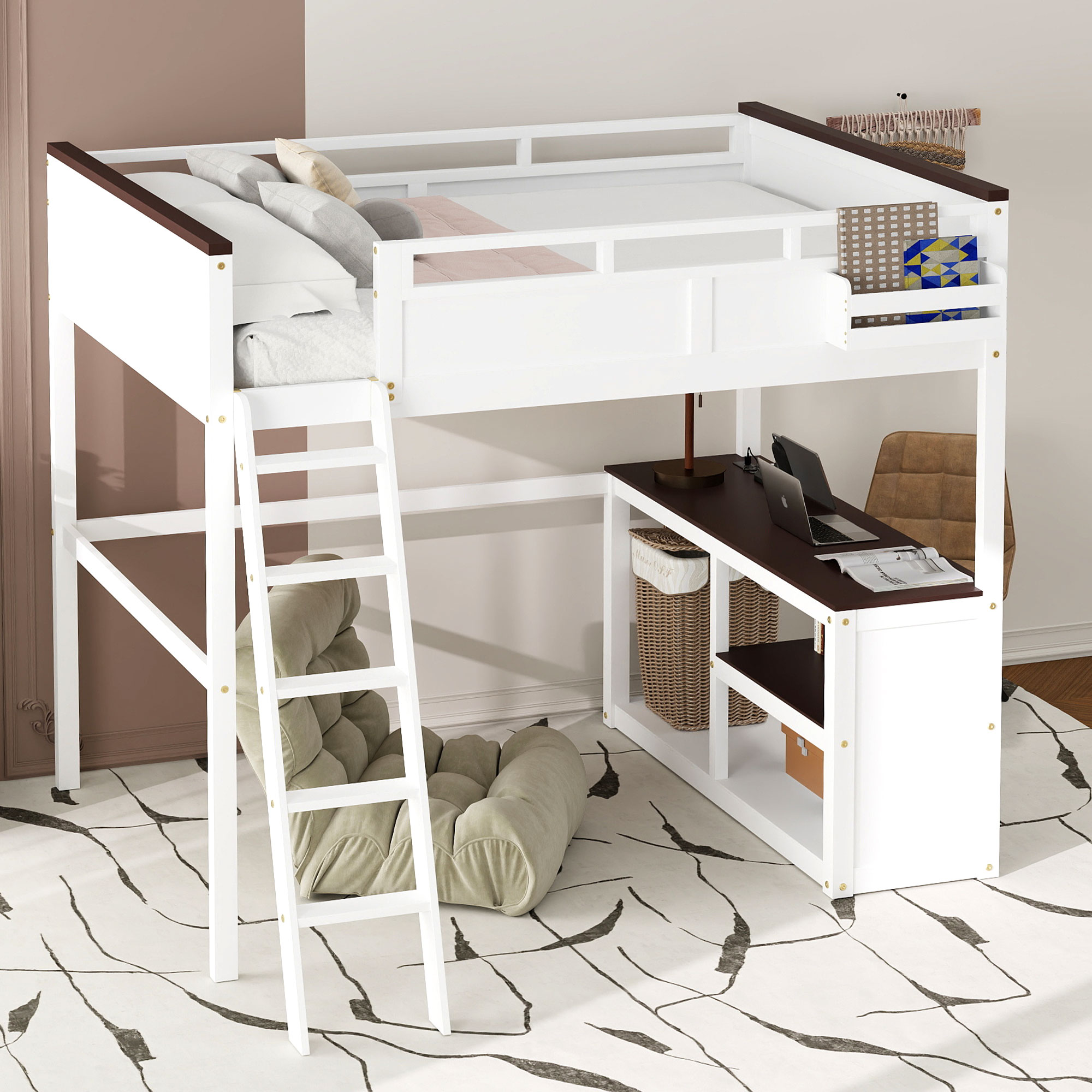 Queen Size Loft Bed with Desk, Open Shelf and a Storage Box, USB Charging Station 3 Queen Size Loft Bed with Desk, Open Shelf and a Storage Box, USB Charging Station