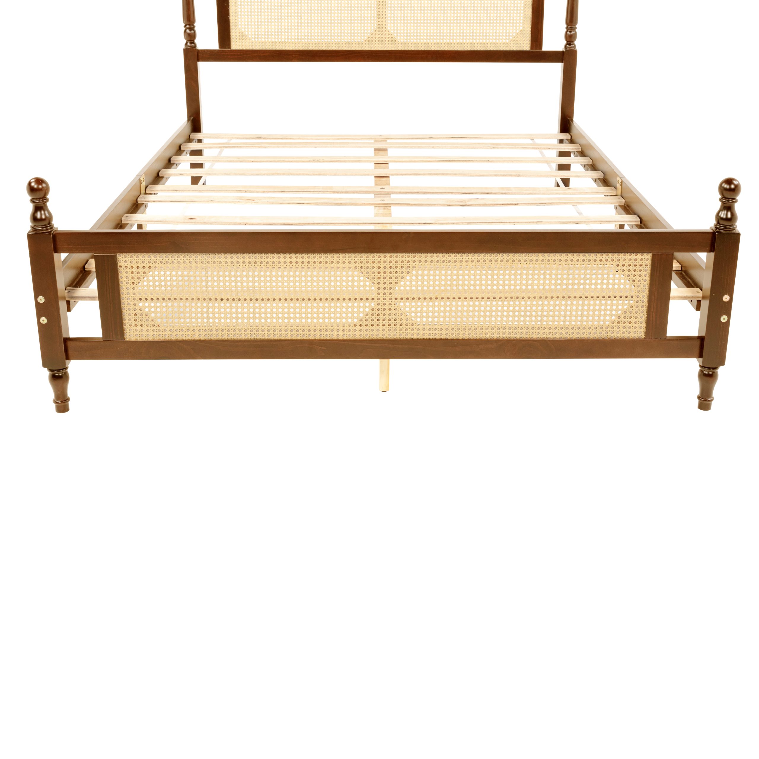 Queen Pine Wooden Bed With Rattan Headboard And Footboard, With Central Enhanced Bed Platform 10 Queen Pine Wooden Bed With Rattan Headboard And Footboard, With Central Enhanced Bed Platform