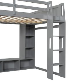 Wood Full Size Gaming Loft Bed with Desk, Multi-storage Shelves, LED and a Hanging Clothes Rack