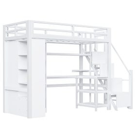 Metal Twin Loft Bed With Desk, Usb Ports, 5-layer Shelf,  Wardrobe And Stepped Stairs