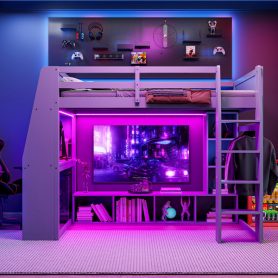 Wood Full Size Gaming Loft Bed with Desk, Multi-storage Shelves, LED and a Hanging Clothes Rack