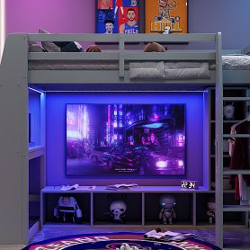 Wood Twin Size Gaming Loft Bed with Desk, Multi-storage Shelves, LED and a Hanging Clothes Rack