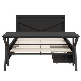 Full Size Metal Gaming Platform Bed with LED Headboard, LED Desk, USB and Two Storage Drawers