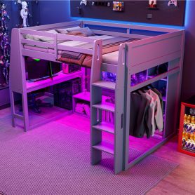 Wood Full Size Gaming Loft Bed with Desk, Multi-storage Shelves, LED and a Hanging Clothes Rack