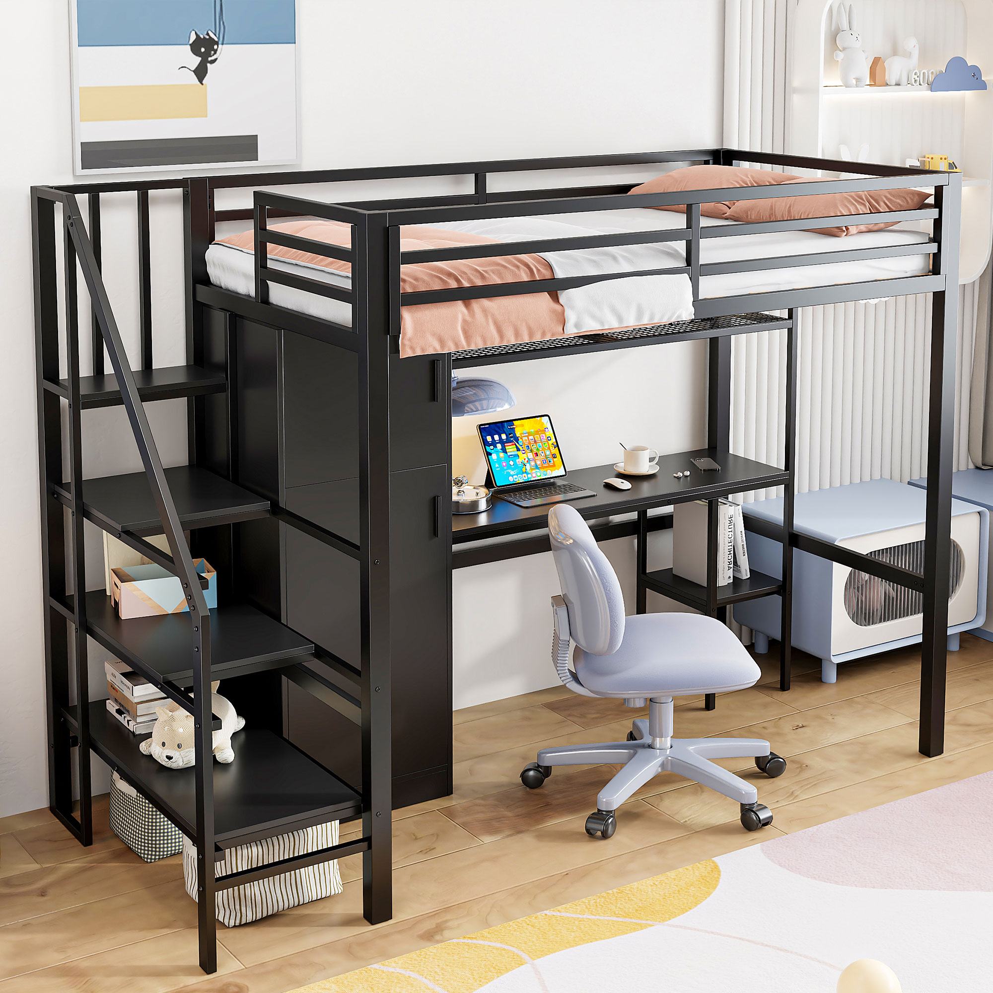 Metal Twin Loft Bed With Desk, Shelf, Wardrobe and Storage Staircase