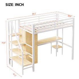 Metal Twin Loft Bed With Desk, Shelf, Wardrobe and Storage Staircase