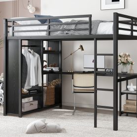 Metal Full Size Loft Bed Frame With Built-in Wardrobe, Desk And Storage Shelves