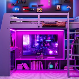 Wood Full Size Gaming Loft Bed with Desk, Multi-storage Shelves, LED and a Hanging Clothes Rack