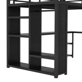 Metal Full Size Loft Bed Frame With Built-in Wardrobe, Desk And Storage Shelves