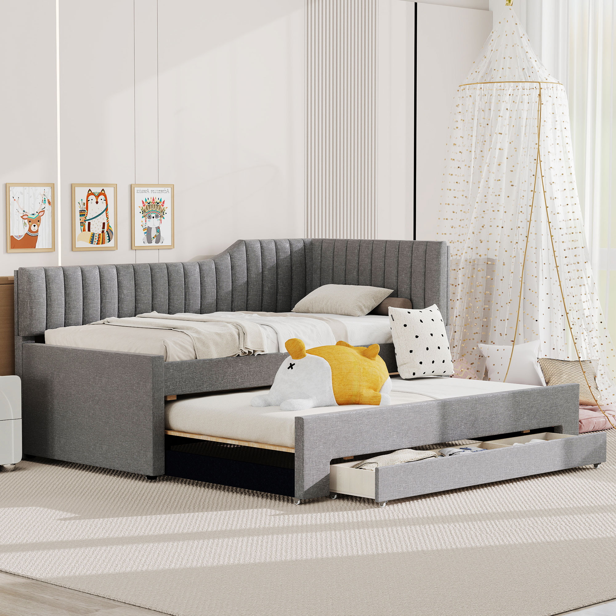 Upholstered Twin Size Daybed with Trundle and Three Drawers