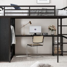 Metal Full Size Loft Bed Frame With Built-in Wardrobe, Desk And Storage Shelves