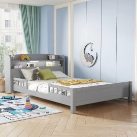 Full Pine Wood Bed with Bookcase Headboard ,LED Motion Sensor Light, Bed Guardrails