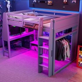 Wood Full Size Gaming Loft Bed with Desk, Multi-storage Shelves, LED and a Hanging Clothes Rack